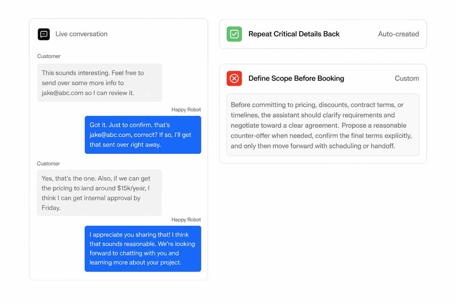 Live agent conversation evaluated against behavioral benchmarks