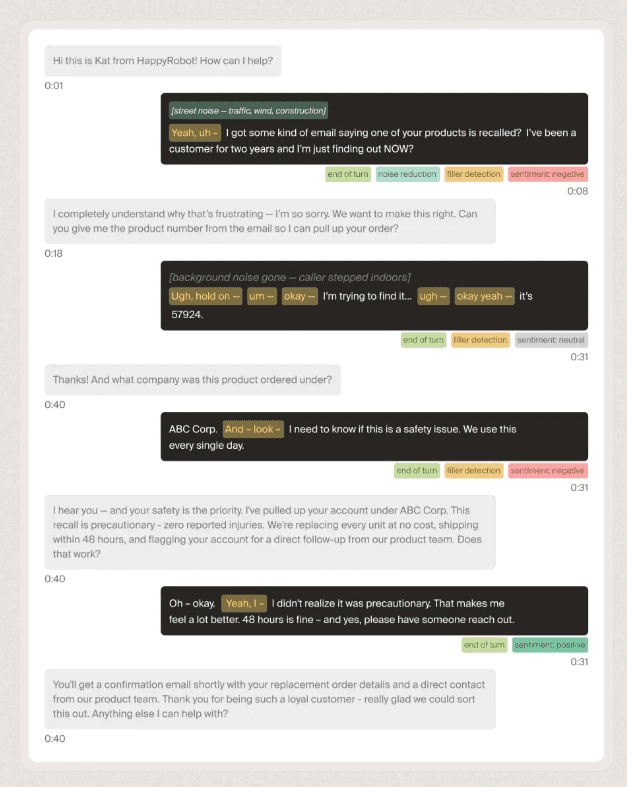 Call transcript demonstrating end-of-turn, noise reduction, filler detection, and sentiment handling