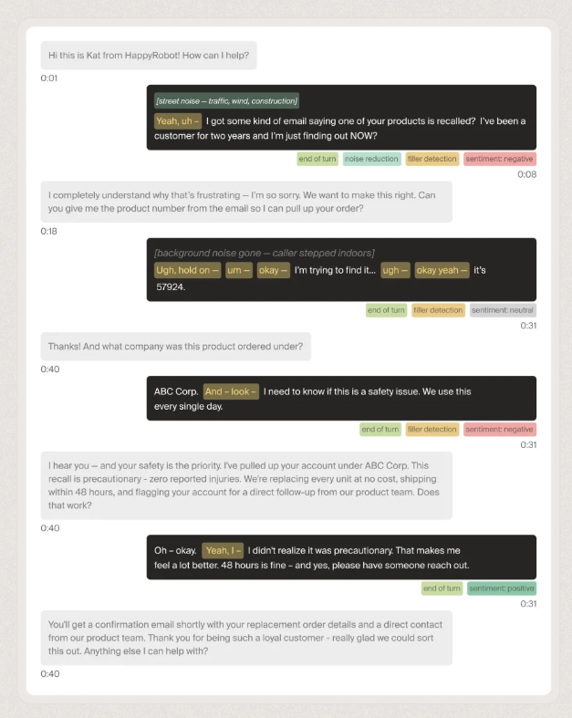 Call transcript demonstrating end-of-turn, noise reduction, filler detection, and sentiment handling